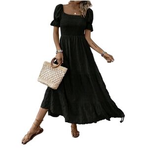Black Boho Dress Shirred Long Flowy Loose Pleated Fall Maxi 70s Style Dresses